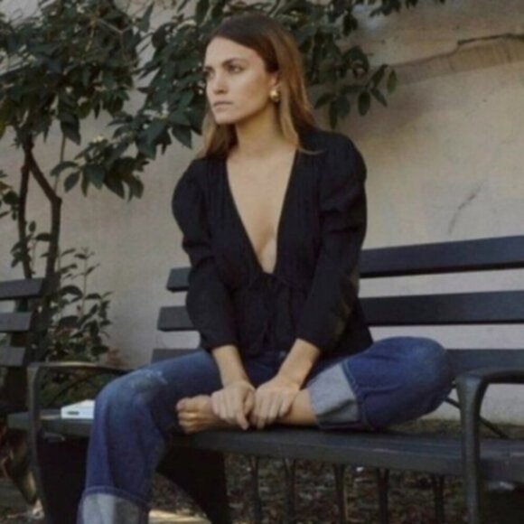 Aritzia Wilfred Shanina Womens Tie Front Blouse Top Size S Deep V Peplum Fairy - Picture 1 of 12